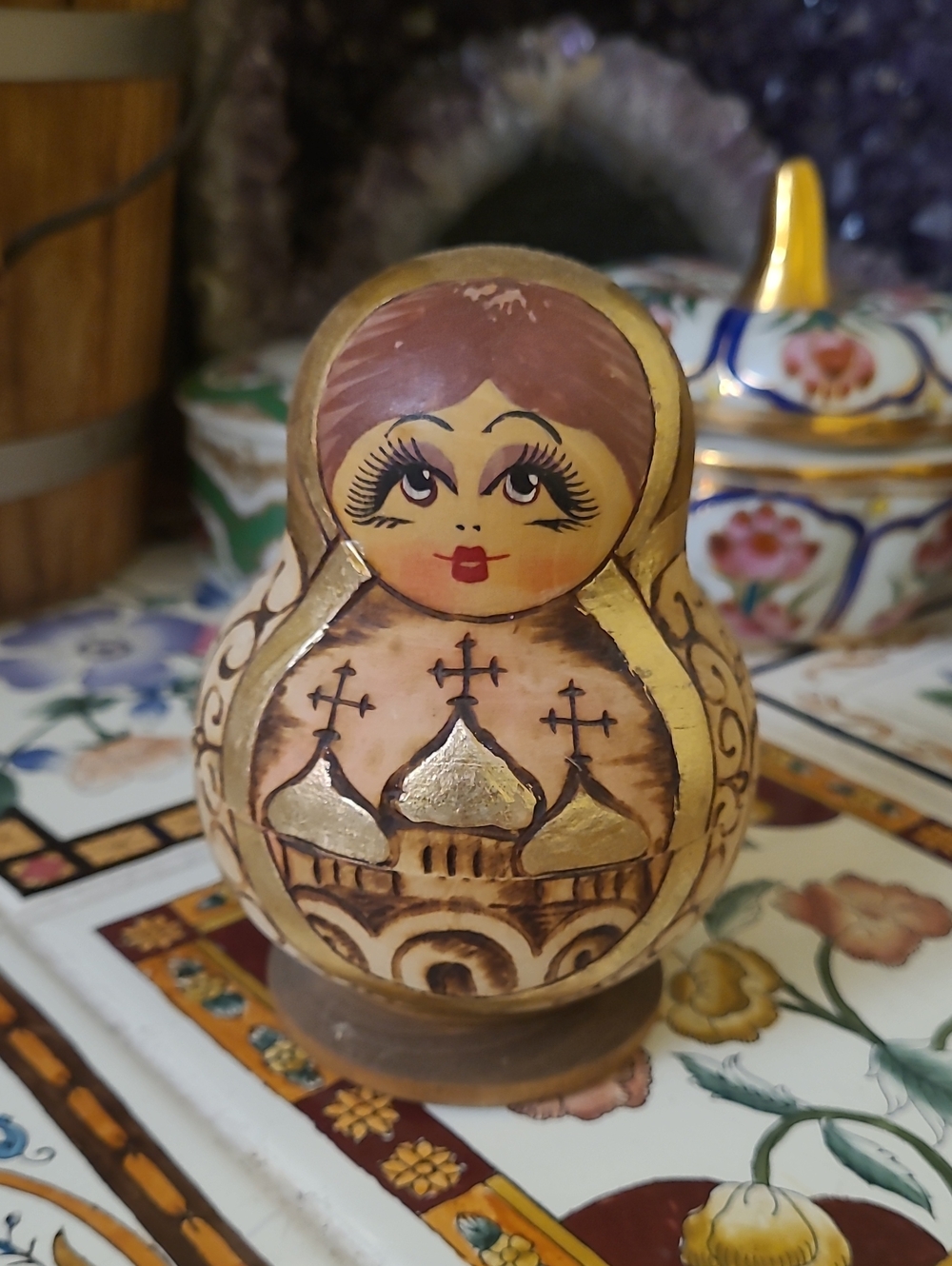 Decorative Matryoshka-Style Wooden Figurine in Gold and Brown